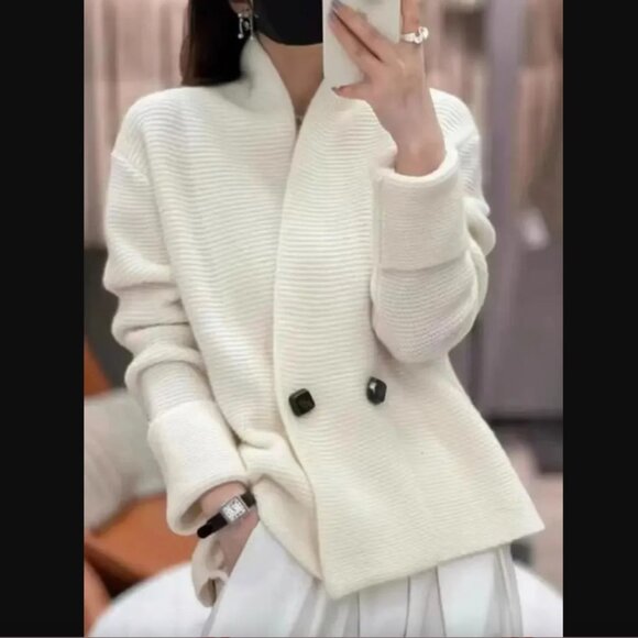 StyleWe | White Cream Button Front Oversized Rolled Cuff Cardigan Sweater Large - Picture 1 of 7
